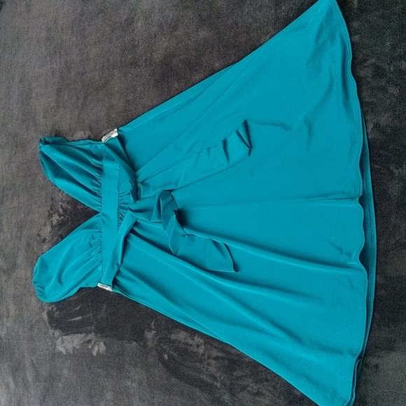 Deep V Teal Sequined Flowy Stretch Dress - Picture 9 of 13